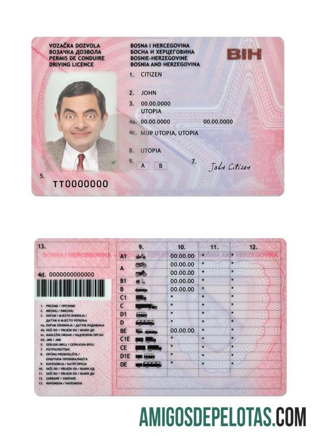 Carteira de habilitação da Bósnia e Herzegovina versão 2 exemplo real